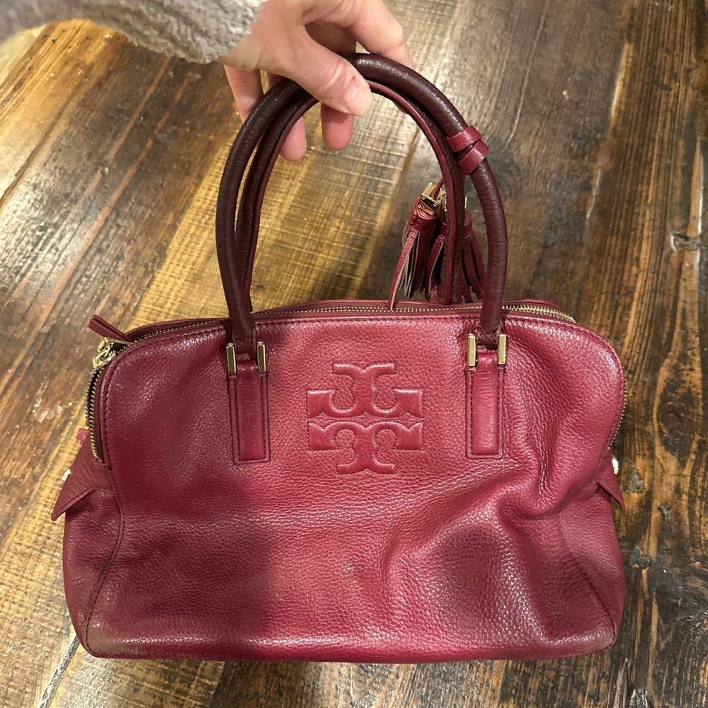 Tory Burch Leather Thea Triple-Zip Satchel Bag Ox Blood Burgundy